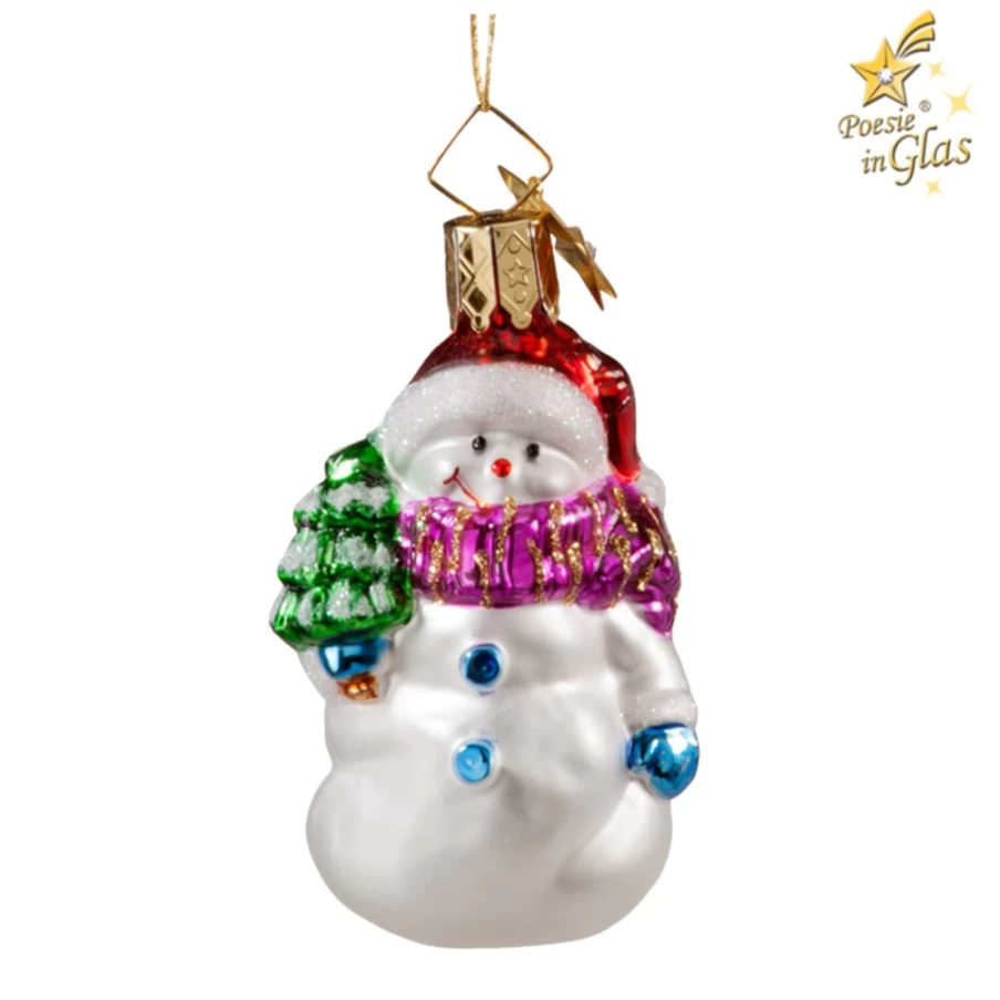 "Poesie in Glas Snowman with Christmas Tree Decorative Holiday Ornament"