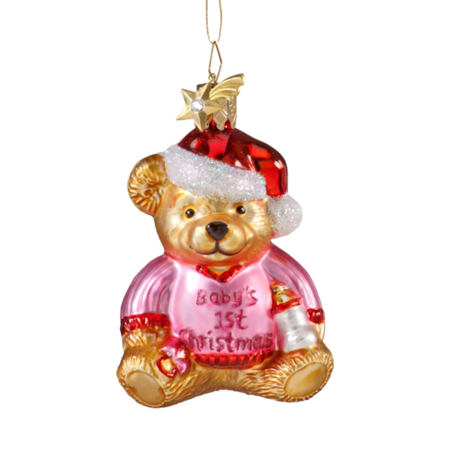 Poesie in Glas Bear "Baby's First Christmas" Ornament - Pink Keepsake for Newborn Holiday Celebration