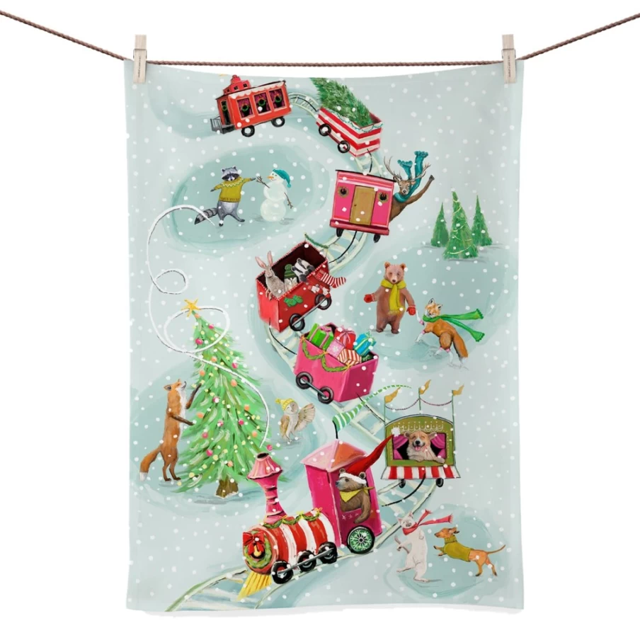 Käthe Wohlfahrt Christmas Animal Train Tea Towel - Holiday Kitchen Towel with Festive Design