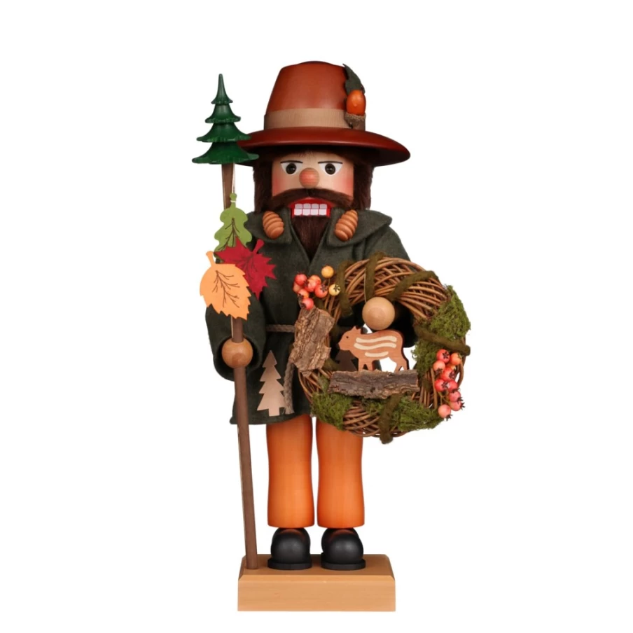 "Christian Ulbricht 18.5 Inch Handcrafted Woodsman Nutcracker with Autumn Wreath - German Christmas Decor"