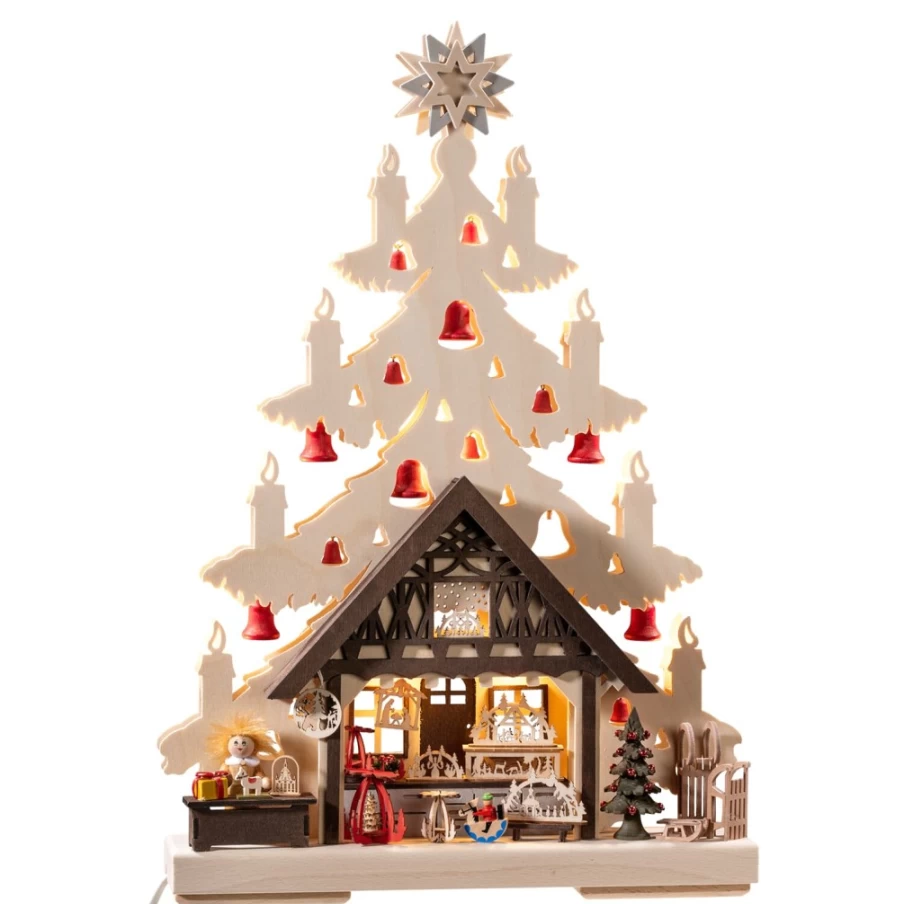RATAGS Holzdesign Schwibbogen "Fir Tree With Gift Store" LED Christmas Decoration, 115V With USB Port for Indoor Lighting