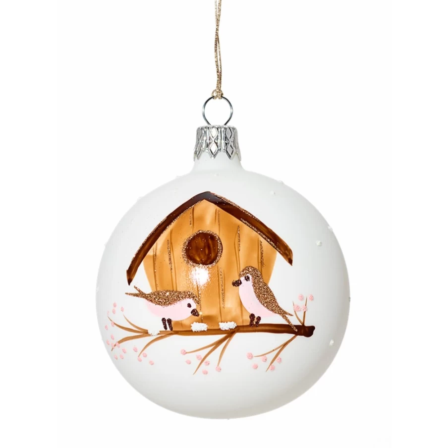 "Käthe Wohlfahrt White Glass Bauble with Bird House Decoration, 7cm Christmas Ornament"