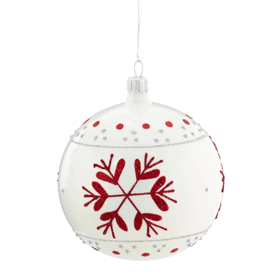 Käthe Wohlfahrt 10cm White Glass Bauble with Red Flakes – Festive Christmas Ornament