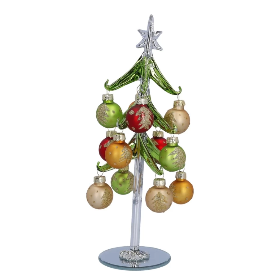 "Käthe Wohlfahrt 23cm Green Glass Christmas Tree with Colorful Baubles Decoration"