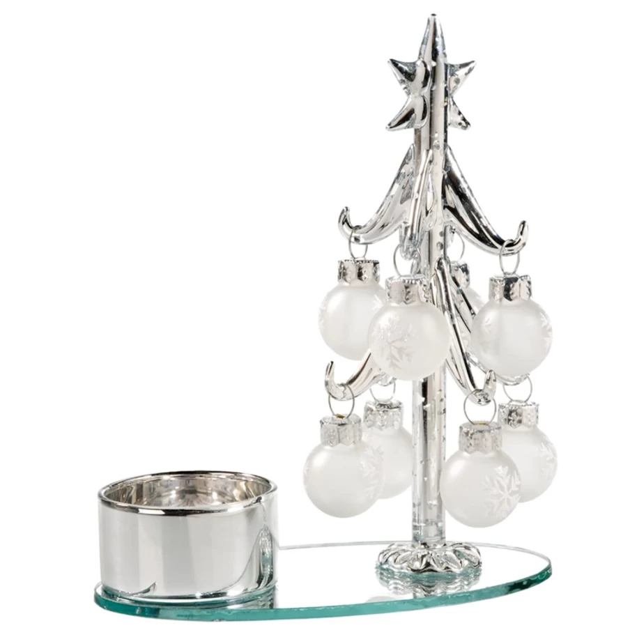 Käthe Wohlfahrt Silver Glass Tealight Holder with White Baubles for Christmas Decor