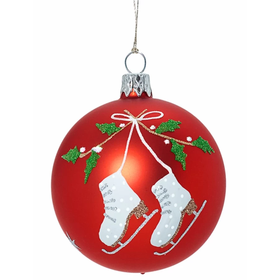 "Käthe Wohlfahrt 7Cm Red Glass Christmas Bauble with Ice Skates and Mistletoe Decoration"