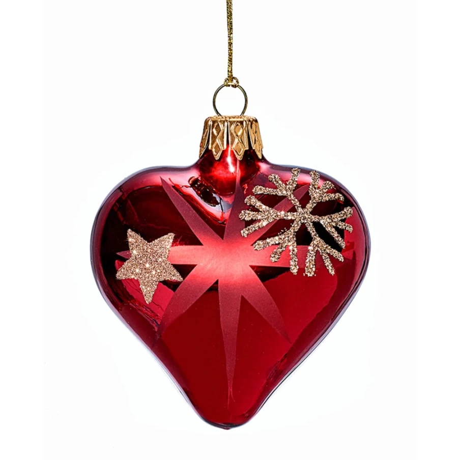 "Käthe Wohlfahrt Heart Ornament - Red with Golden Stars and Flakes Christmas Decoration"