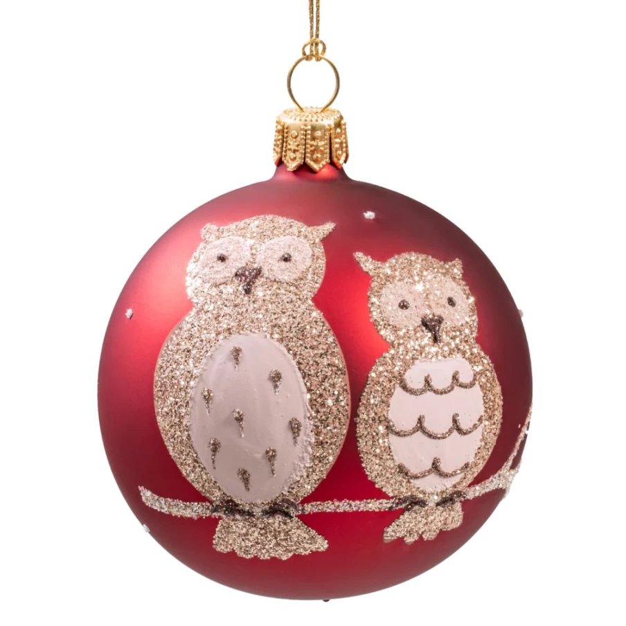 "Käthe Wohlfahrt Red Matt Glass Bauble with Owls – 7cm Christmas Ornament"