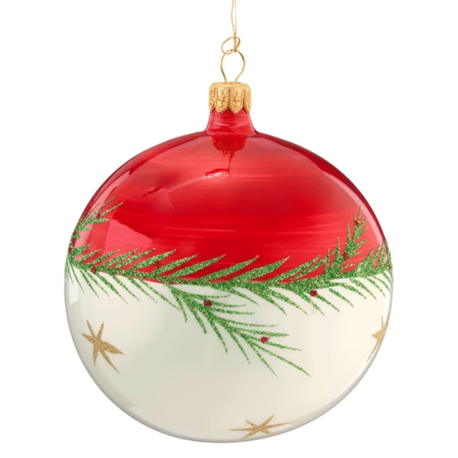 Käthe Wohlfahrt Red and White Glass Bauble with Twig and Stars Decoration, 10cm Christmas Ornament