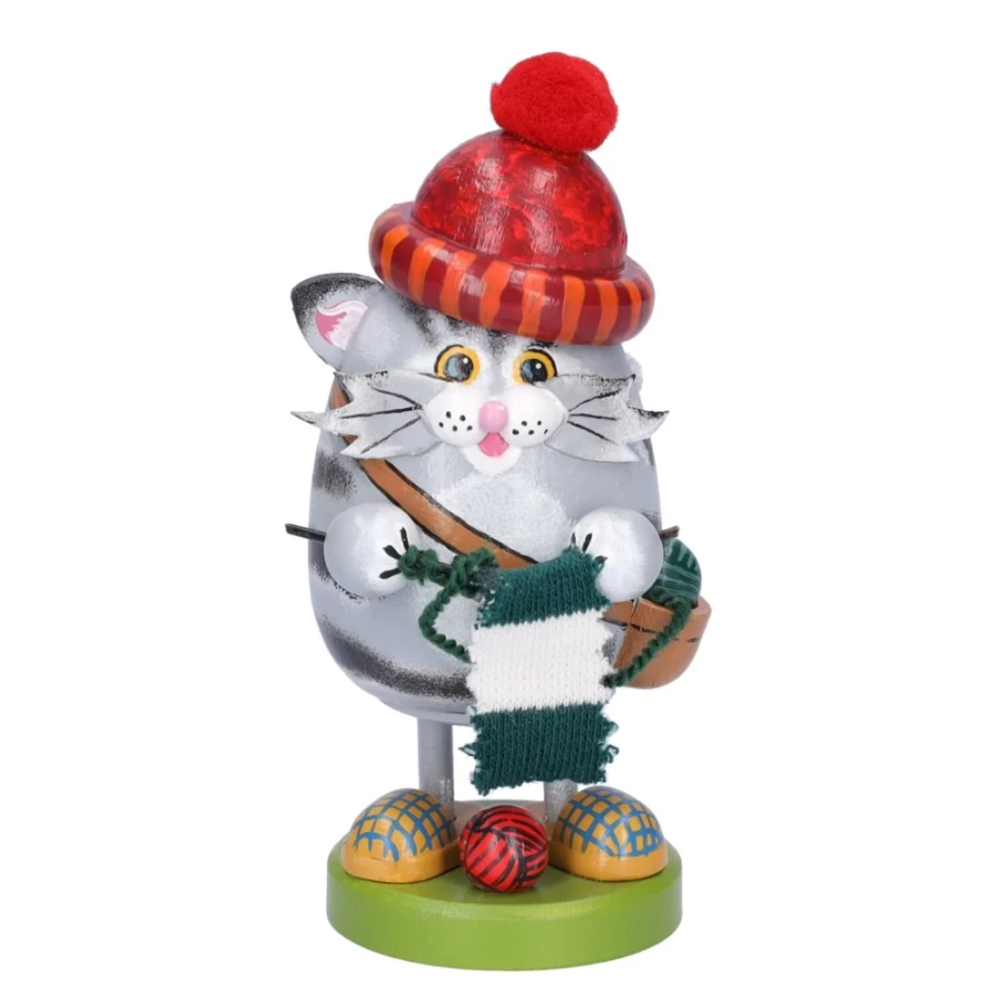 "Käthes Original Smoky Kitty's Knitting Fun - Handmade Collectible Knitting Cat Figurine"