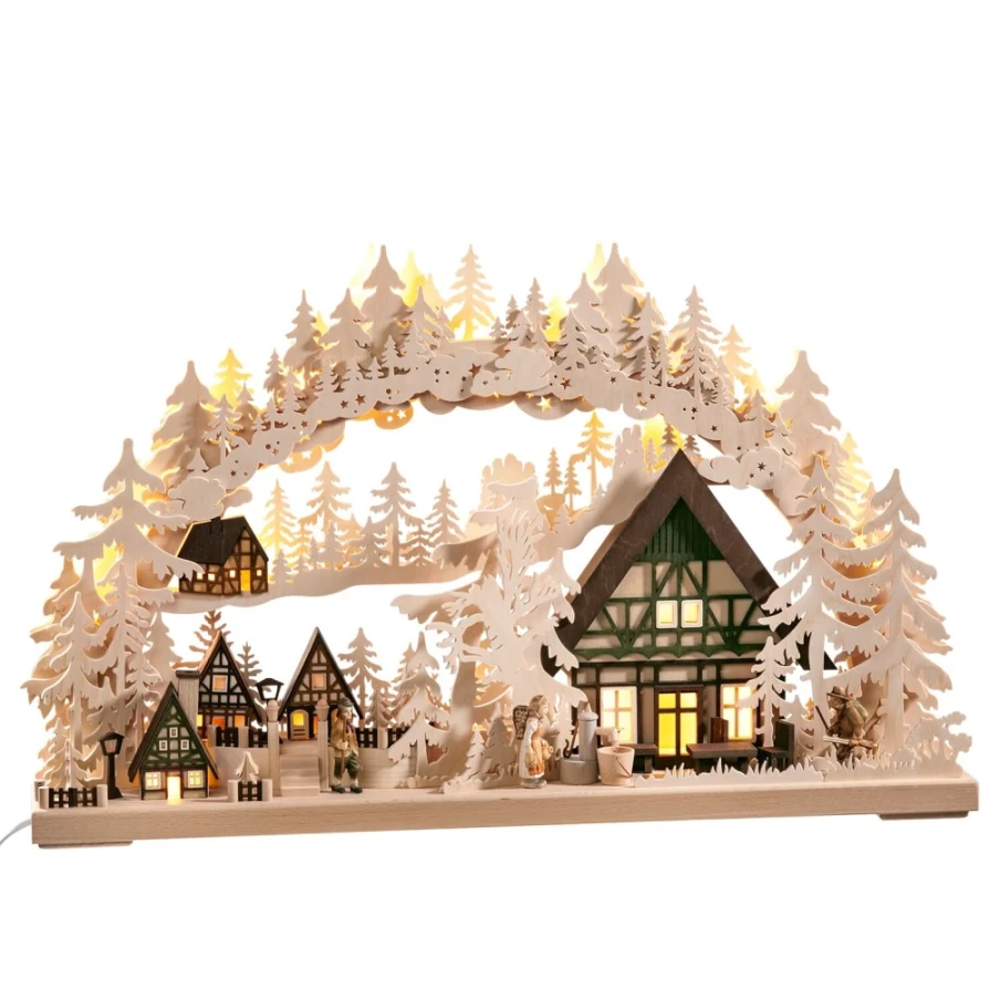 RATAGS Holzdesign Schwibbogen German Half-Timbered Village LED Light Decoration with USB Port 230V Christmas Arc