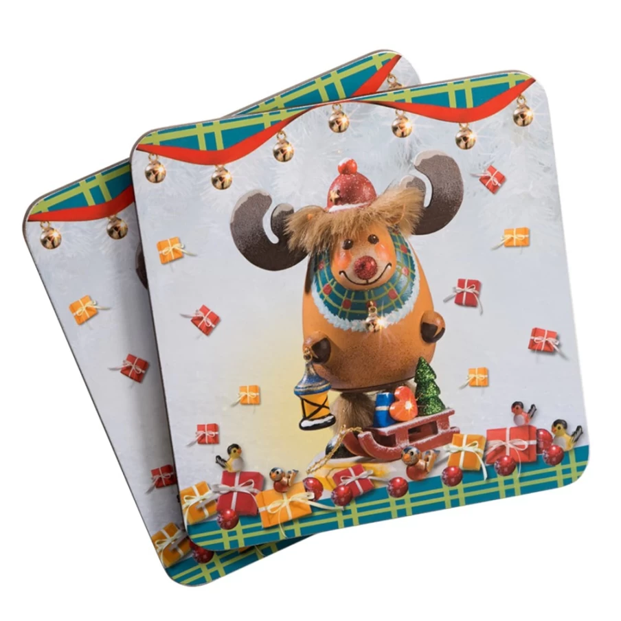Käthe Wohlfahrt Christmas Moose Cork Coaster Set - 4 Piece Rudi The Reindeer Drink Coasters Holiday Tableware