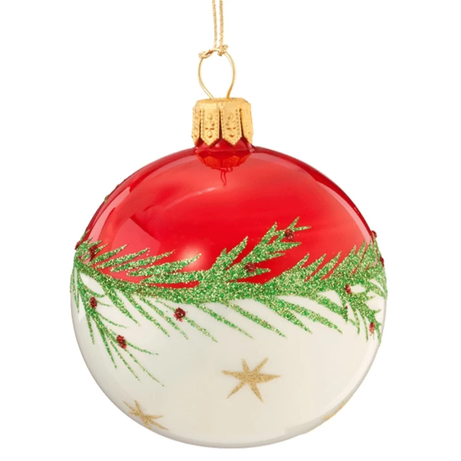 Käthe Wohlfahrt Red and White Glass Bauble with Twig and Stars Decorations, 6cm Christmas Ornament