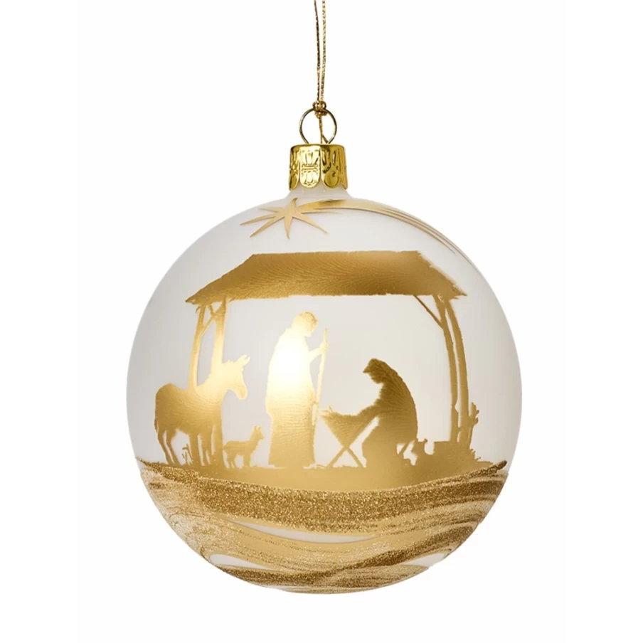 "Käthe Wohlfahrt Matt White Glass Bauble with Nativity Scene – 10cm Christmas Ornament"