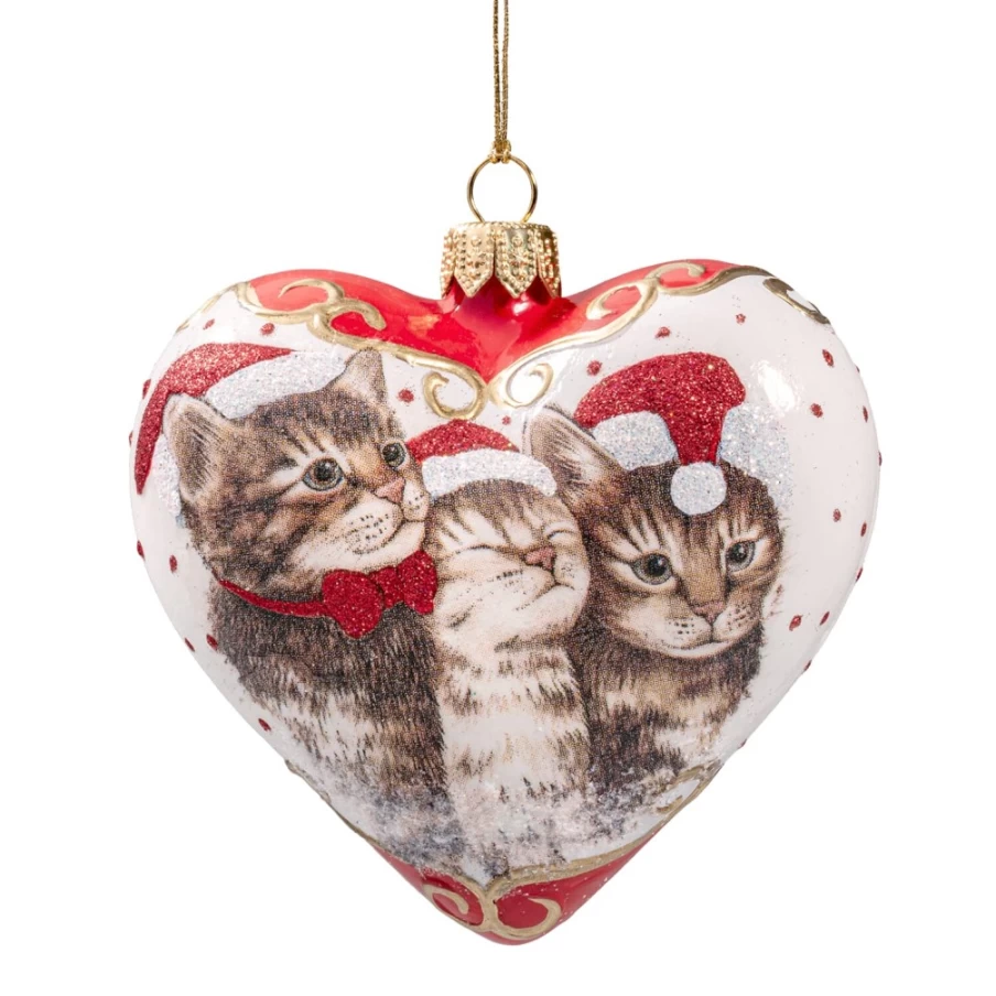 "Käthe Wohlfahrt Glass Heart White Christmas Cat Ornament – Handmade Collectible Holiday Decor"