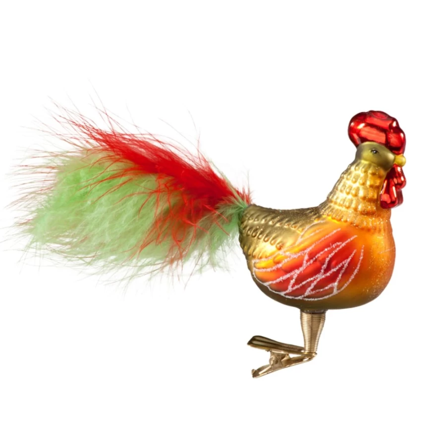 "Poesie in Glas Decorative Rooster Statuette with Metal Clip for Display"