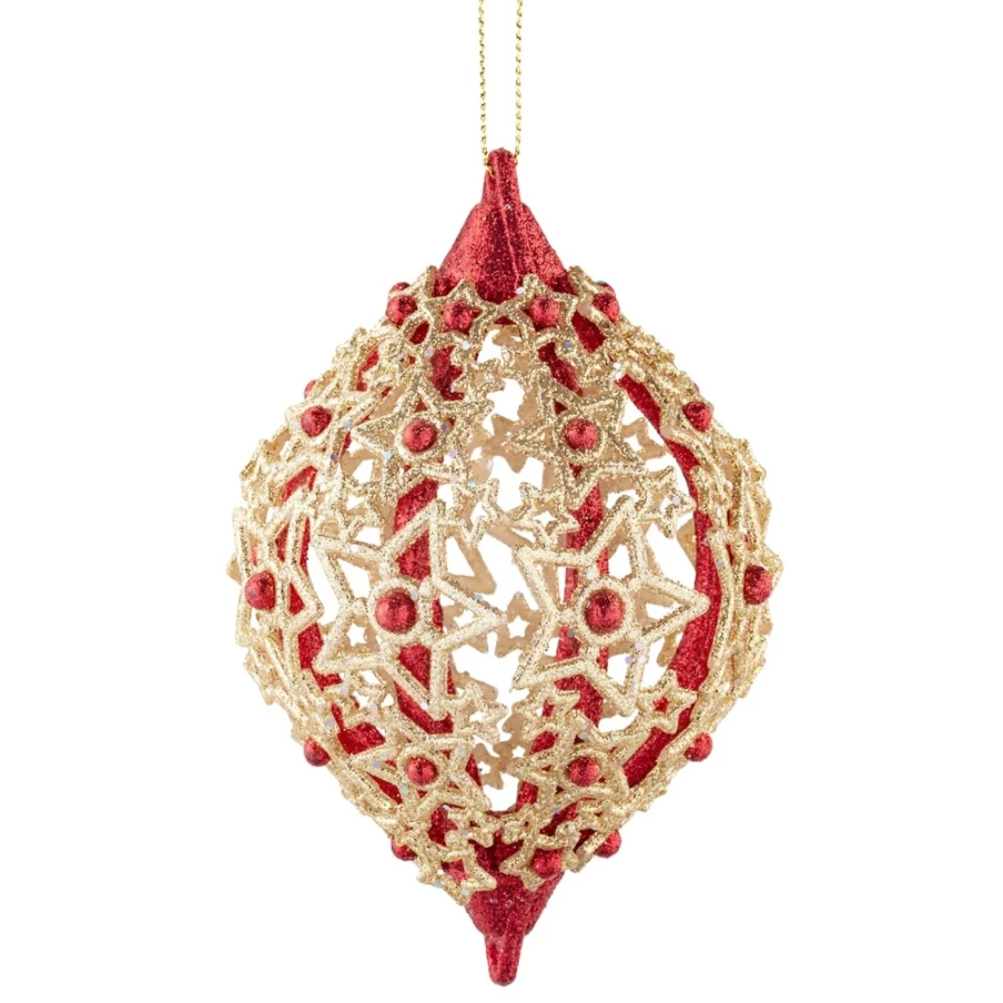 Käthe Wohlfahrt Handcrafted Olive Wood Ornament with Red Filigree Stars - Christmas Decoration