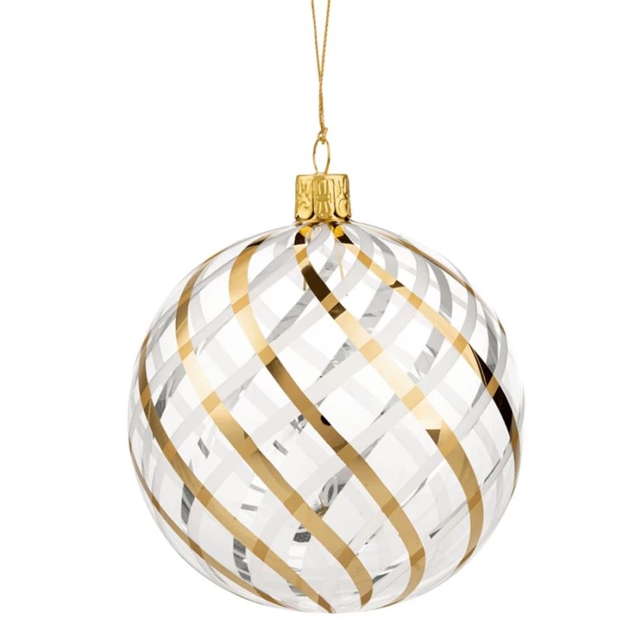 Käthe Wohlfahrt Gold-White Net Pattern Glass Bauble Ornament, 10cm Clear Christmas Decoration
