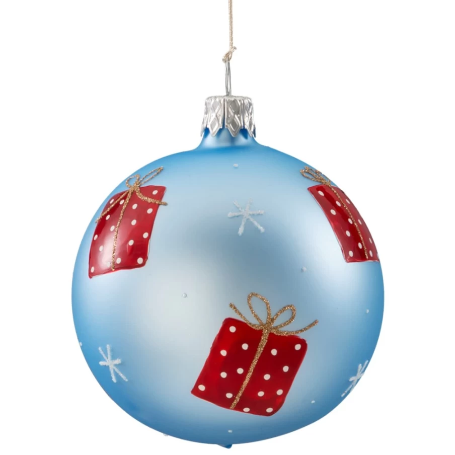 "Käthe Wohlfahrt Light Blue Matt Glass Bauble with Presents Design, 7cm Christmas Ornament"