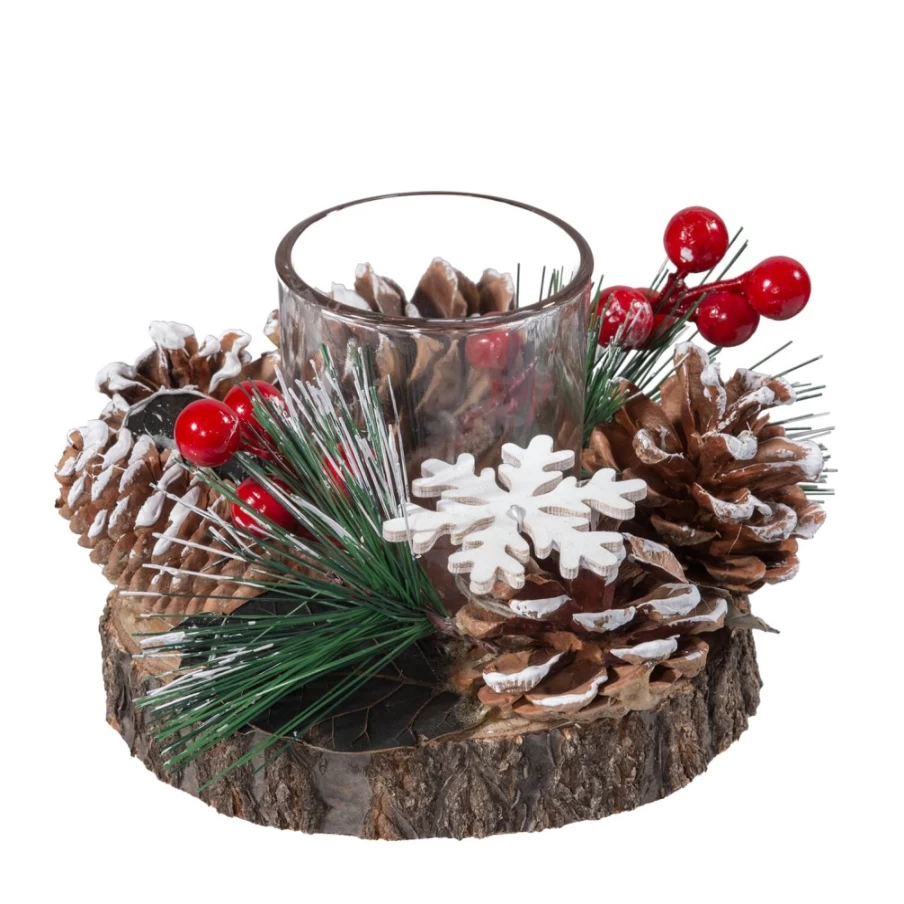 "Käthe Wohlfahrt Rustic Tree Slice Candle Holder with Red Berries and Pine Cones Decor"