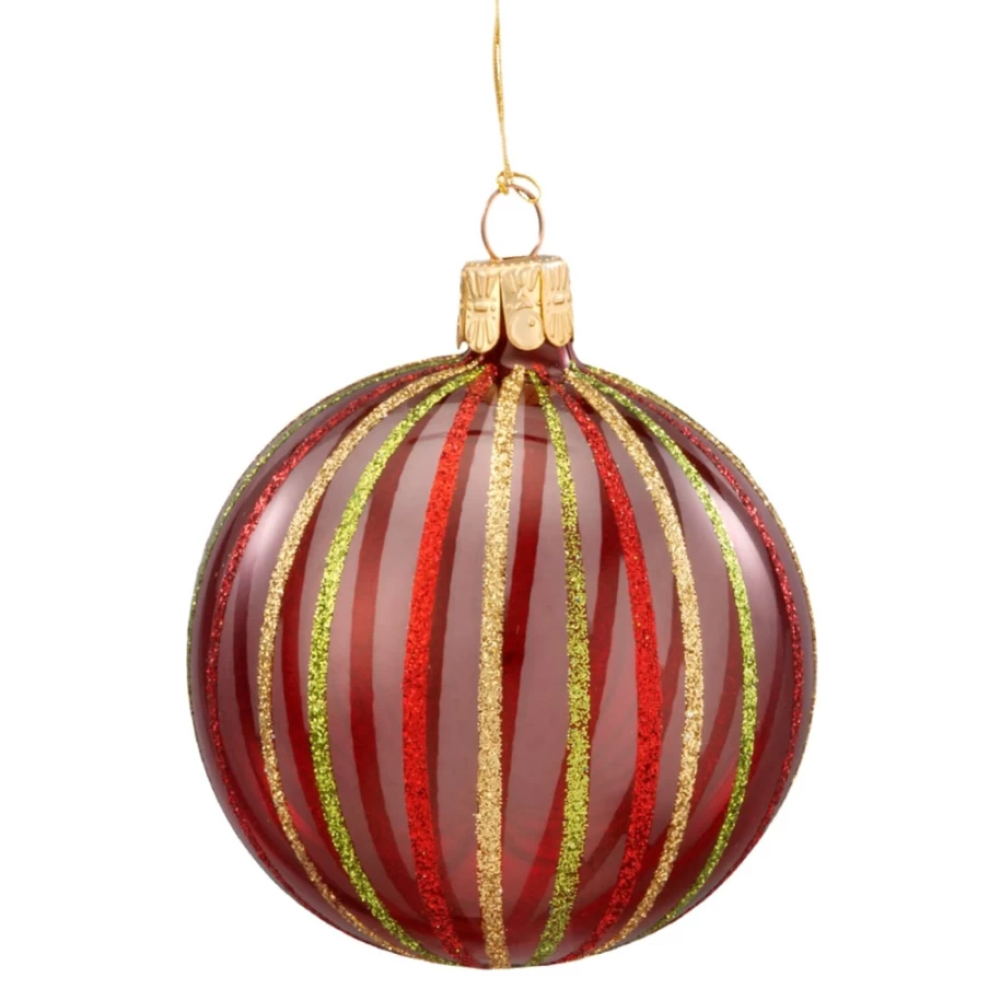 Käthe Wohlfahrt 7cm Clear Glass Bauble with Vibrant Colorful Stripes - Christmas Ornament