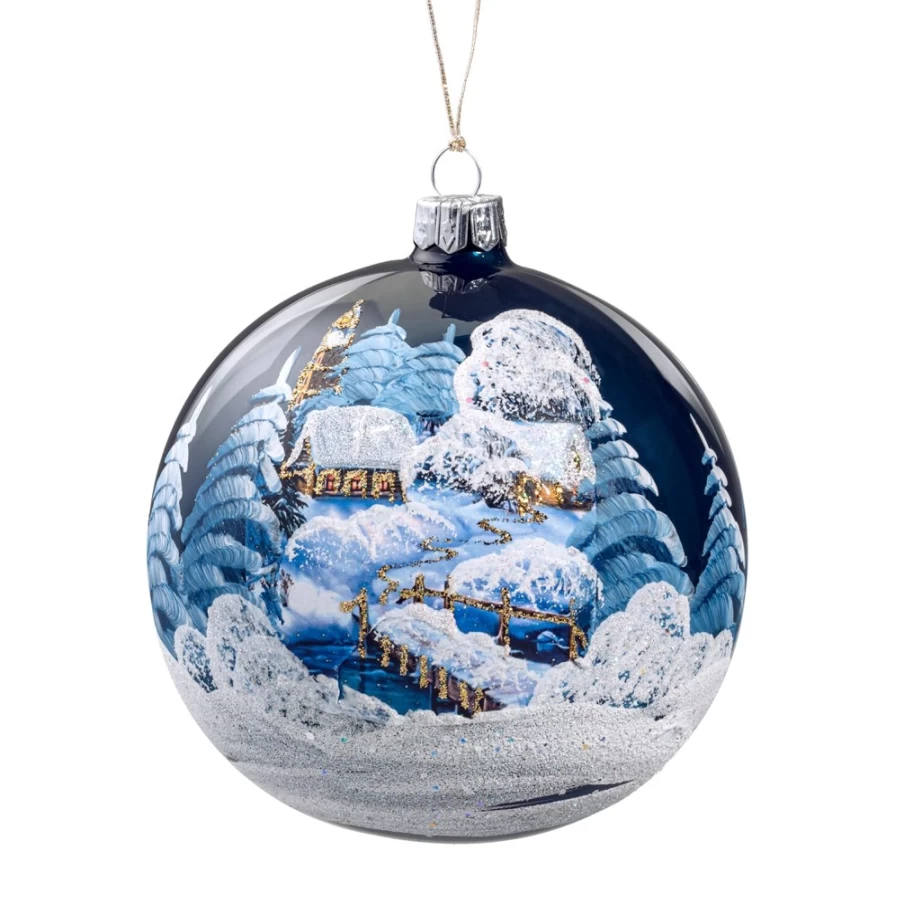 Käthe Wohlfahrt Blue Winter Scene Glass Bauble – 10 cm Handmade Christmas Ornament