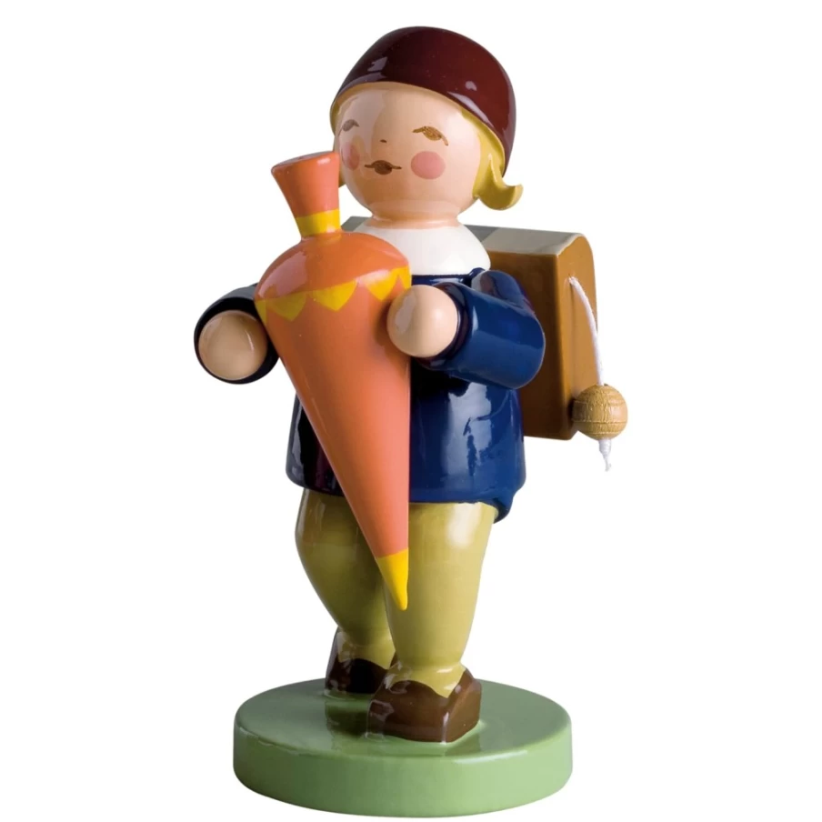 "WENDT & KÜHN Handcrafted Schoolboy Figurine with Hat - Collectible German Wooden Decor"