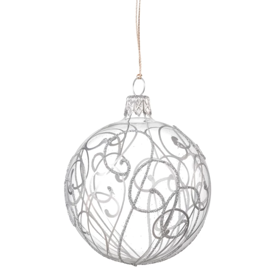 Käthe Wohlfahrt 7cm Clear Glass Bauble with Elegant Silver Squiggles – Christmas Ornament