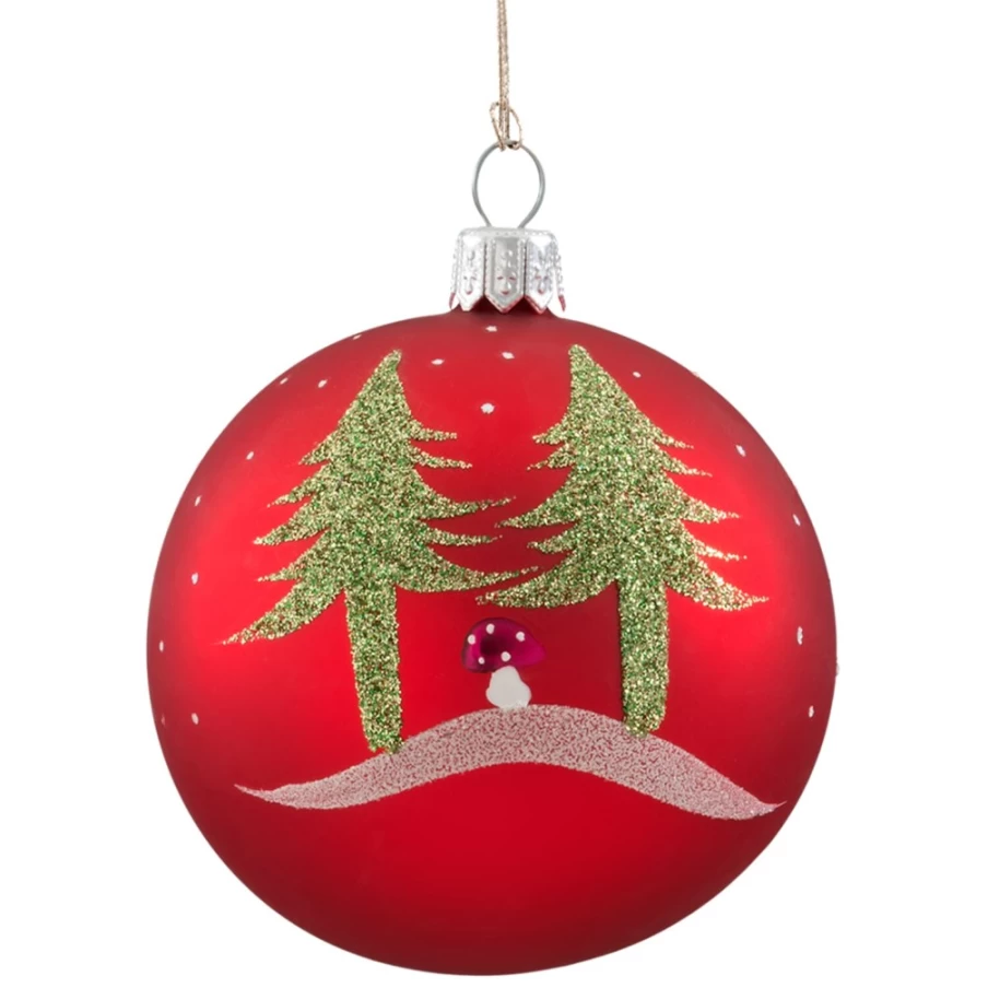"Käthe Wohlfahrt Red Matt Glass Bauble with Trees and Mushrooms – 7cm Christmas Ornament"