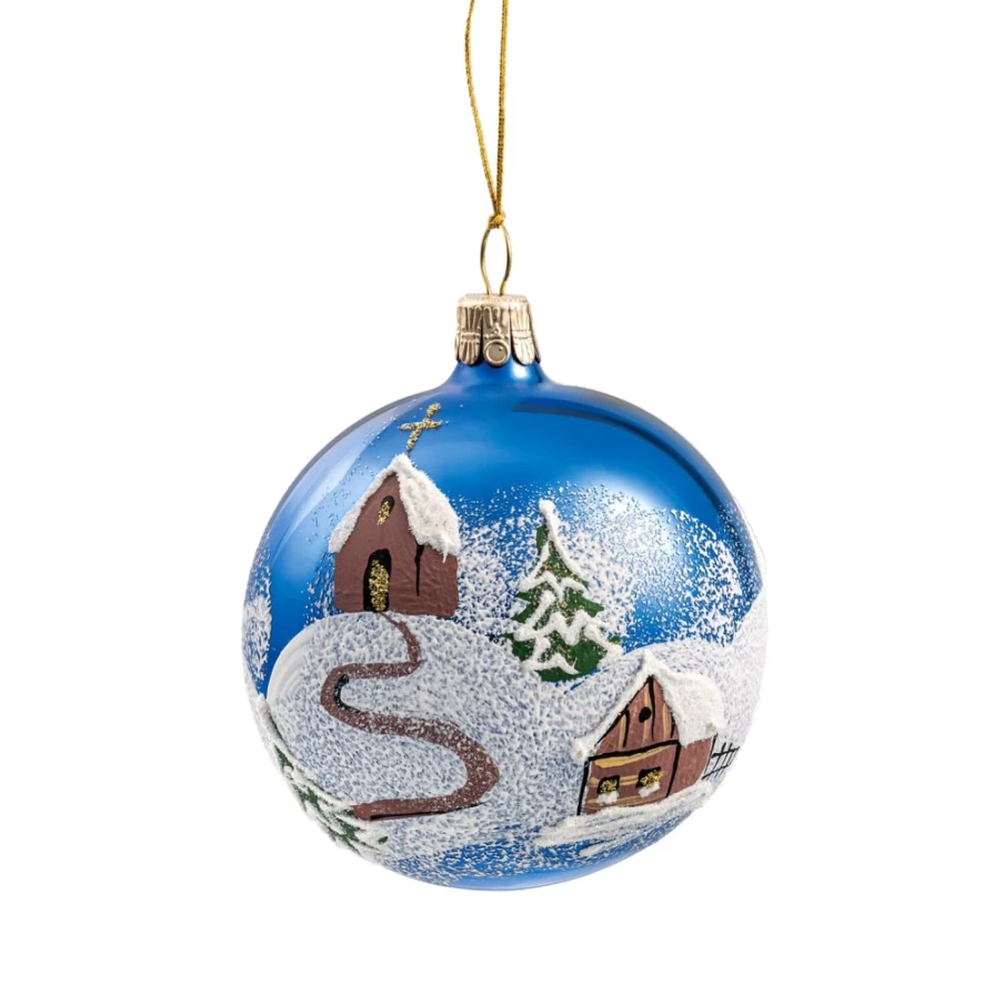 Käthe Wohlfahrt Blue Glass Church Winter Scene Bauble – 7cm Handmade Christmas Ornament