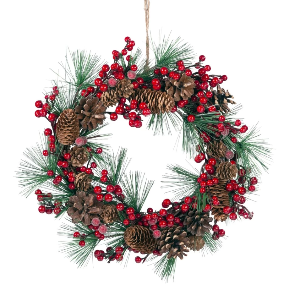 "Käthe Wohlfahrt Christmas Wreath with Red Berries and Pine Cones for Door or Table Decoration"
