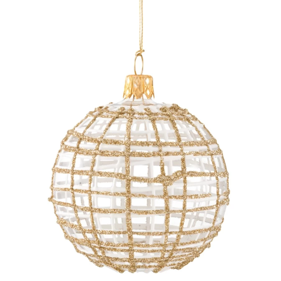Käthe Wohlfahrt Gold and White Glitter 8cm Clear Glass Christmas Bauble Ornament