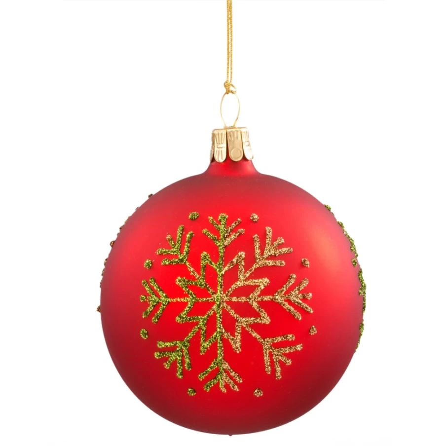 Käthe Wohlfahrt Red Glass Christmas Bauble with Green Snowflake Decoration, 7cm Holiday Ornament