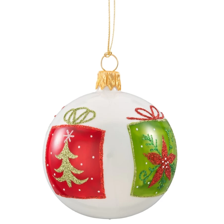 Käthe Wohlfahrt White Opal Glass Bauble with Gift Design, 7cm Christmas Ornament
