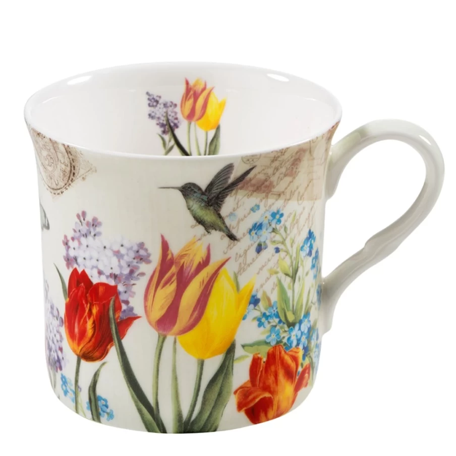"Käthe Wohlfahrt Porcelain Tea Cup with Hand-Painted Tulips and Birds Design"