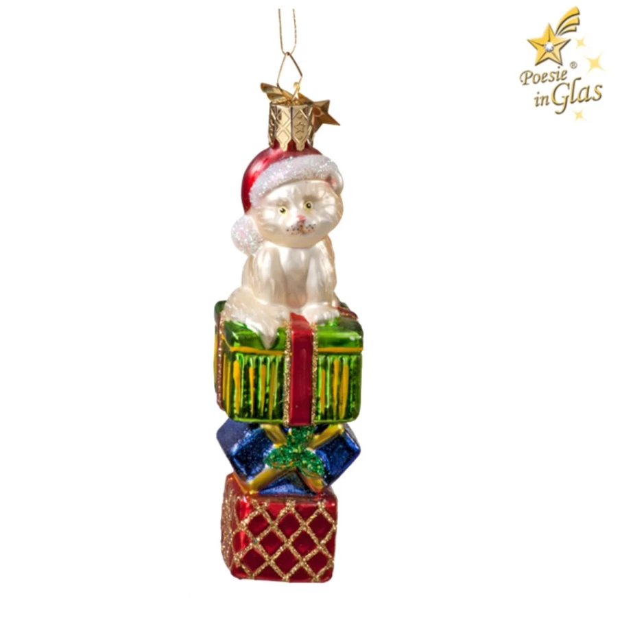"Poesie in Glas Cat With Presents - Festive Holiday Gift Glass Figurine"