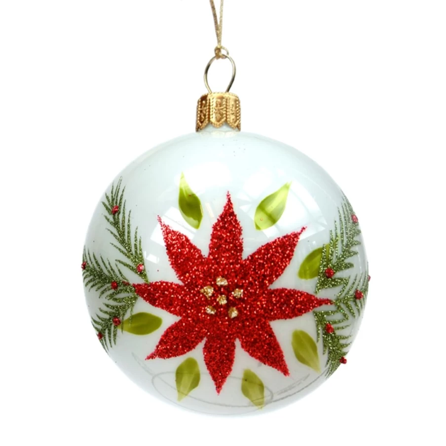 Käthe Wohlfahrt 7cm White Glass Christmas Bauble with Hand-Painted Poinsettia Design