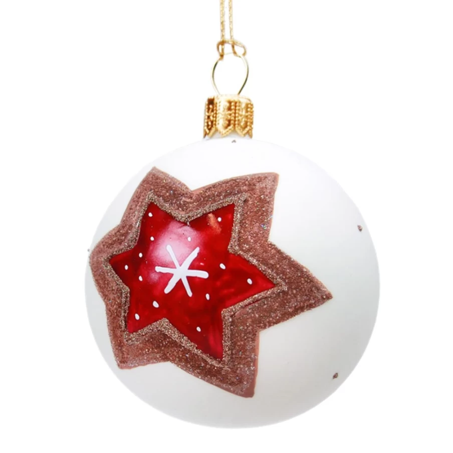 Käthe Wohlfahrt 10cm White Matt Glass Bauble with Gingerbread Star Ornament