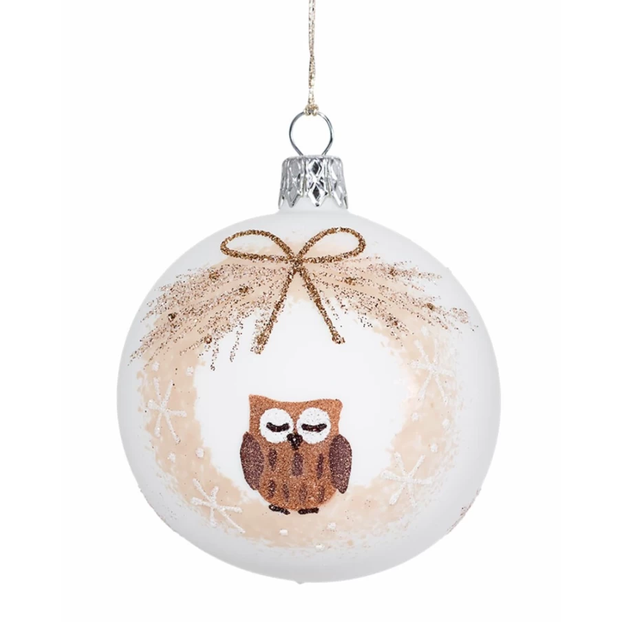 Käthe Wohlfahrt 7Cm White Glass Bauble with Hand-Painted Wreath and Owl Christmas Ornament