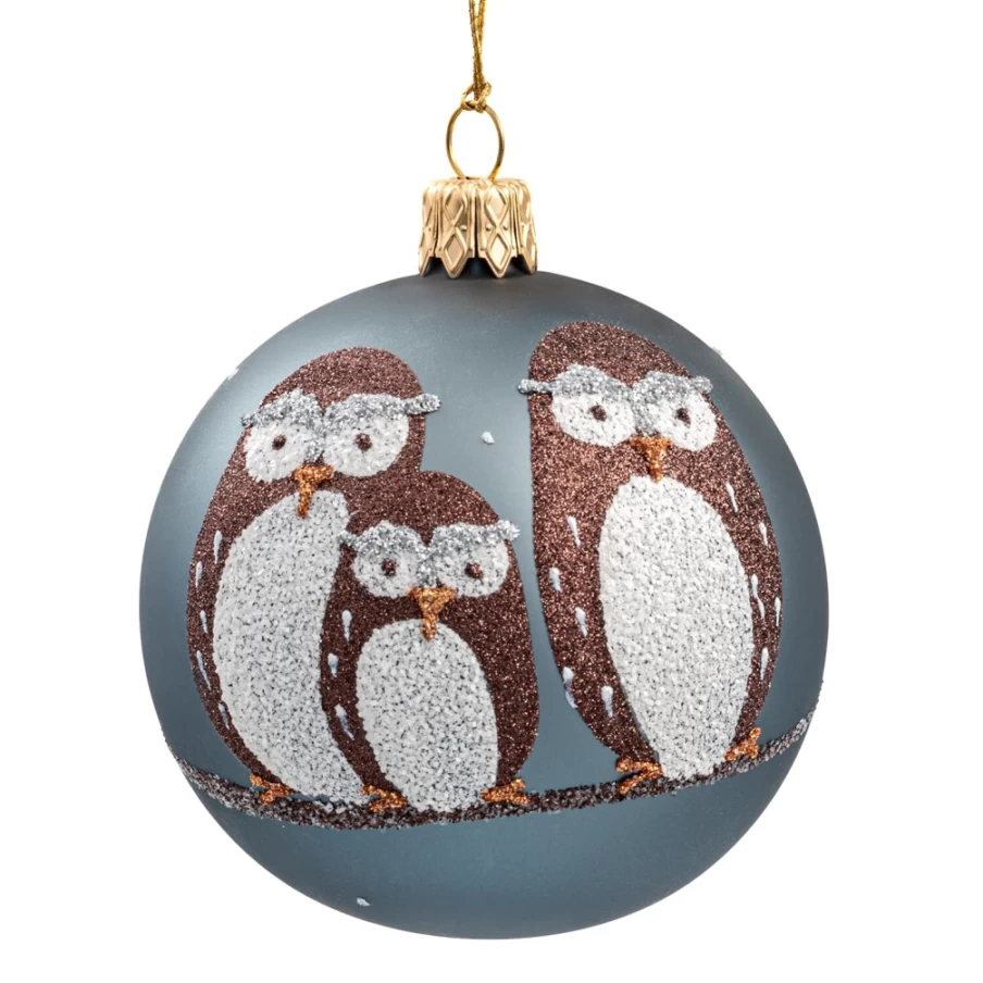 Käthe Wohlfahrt Blue Matt Glass Bauble with Owl Trio Design, 7cm Christmas Ornament