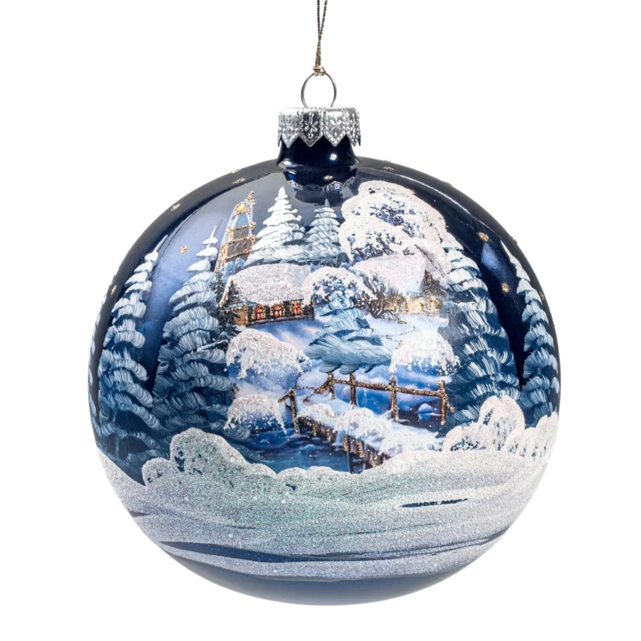 Käthe Wohlfahrt Blue Glass Church Winter Scene Bauble - 12cm Handmade Christmas Ornament