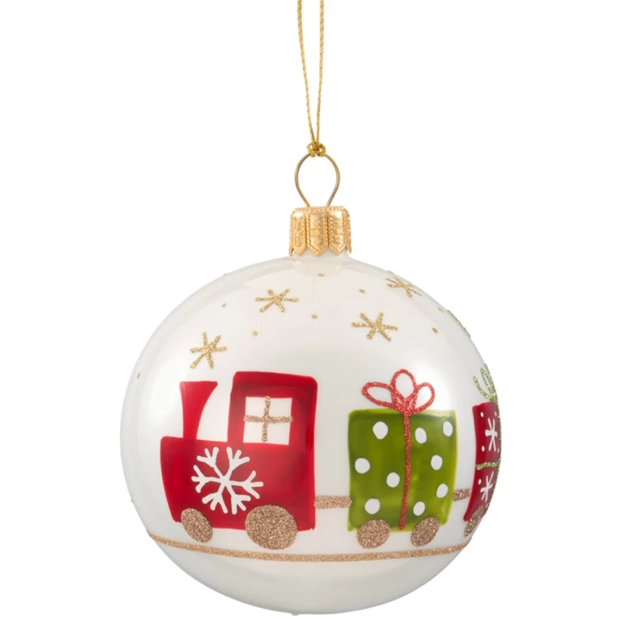 "Käthe Wohlfahrt White Opal Glass Bauble with Locomotive Design – 7cm Christmas Ornament"
