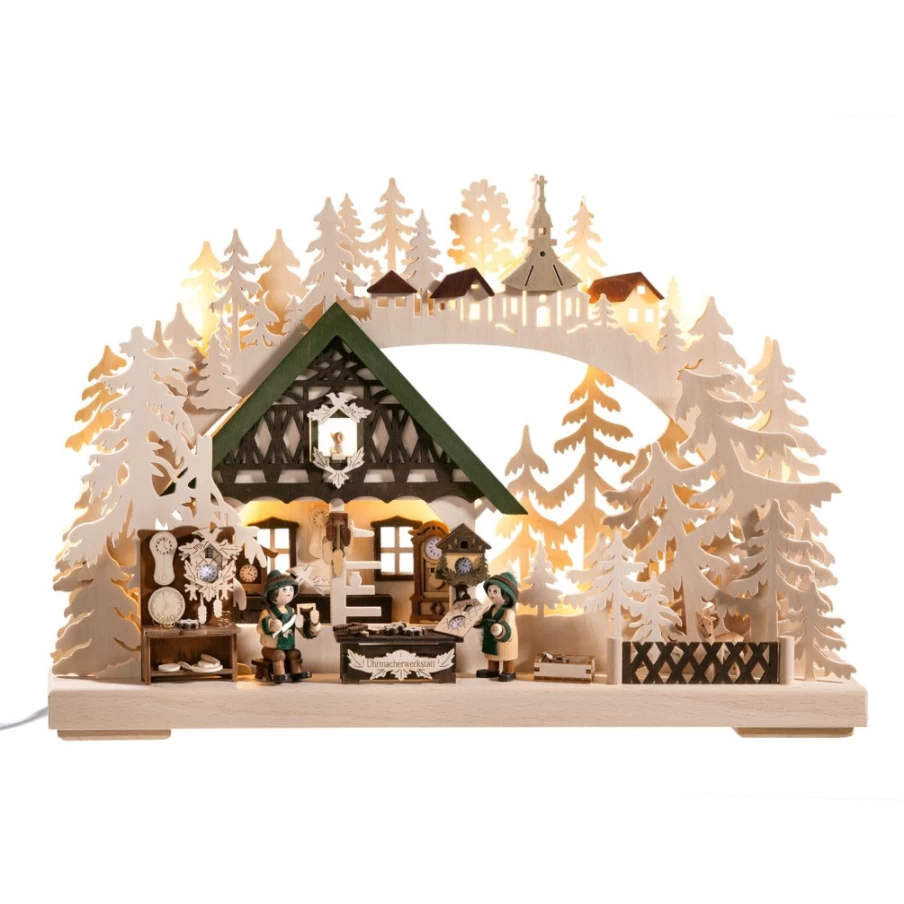 RATAGS Holzdesign Schwibbogen "Clockmaker Workshop" - Traditional German Christmas Arch with LED Lights, 115V and USB A Port for Home Decor