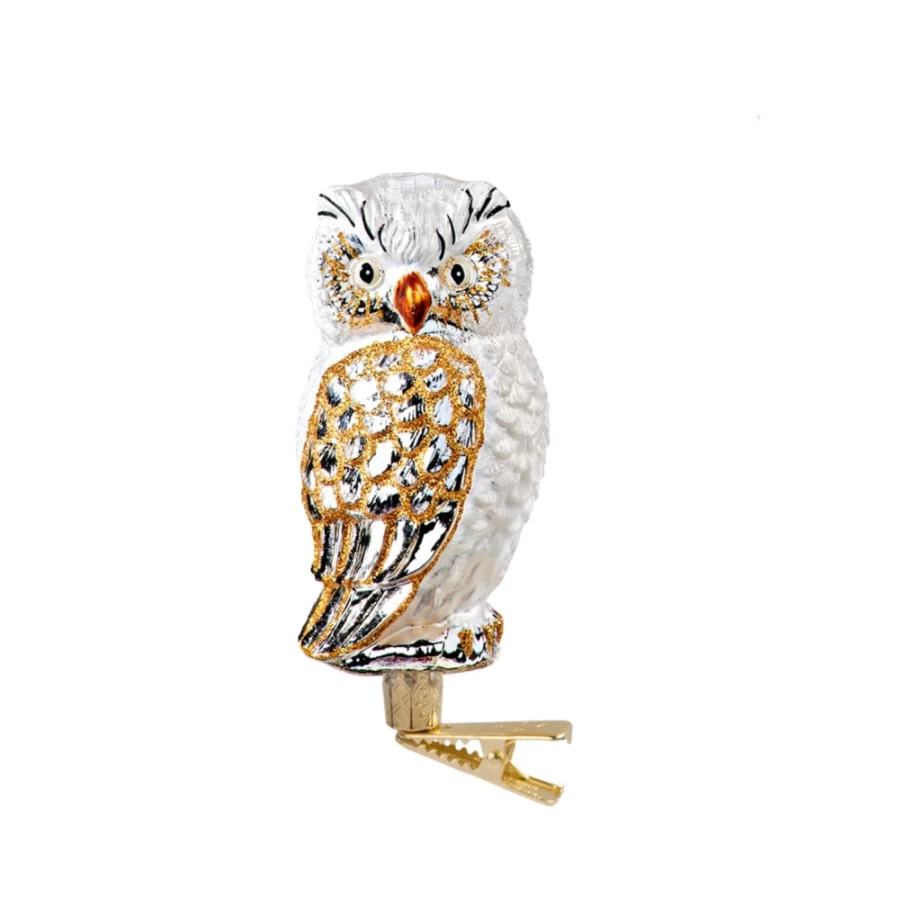 Poesie in Glas Owl White-Gold Clip-On Earrings – Elegant Gold-Tone Owl Design