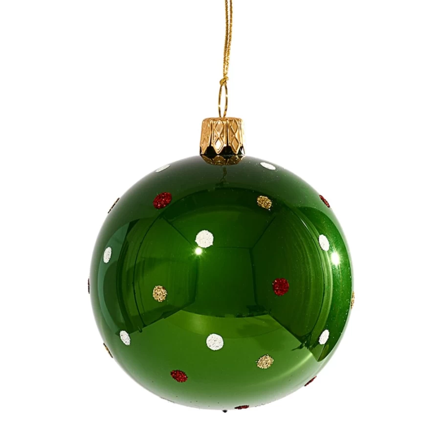Käthe Wohlfahrt Green Glass Bauble with Multicolor Dots - 7cm Christmas Ornament