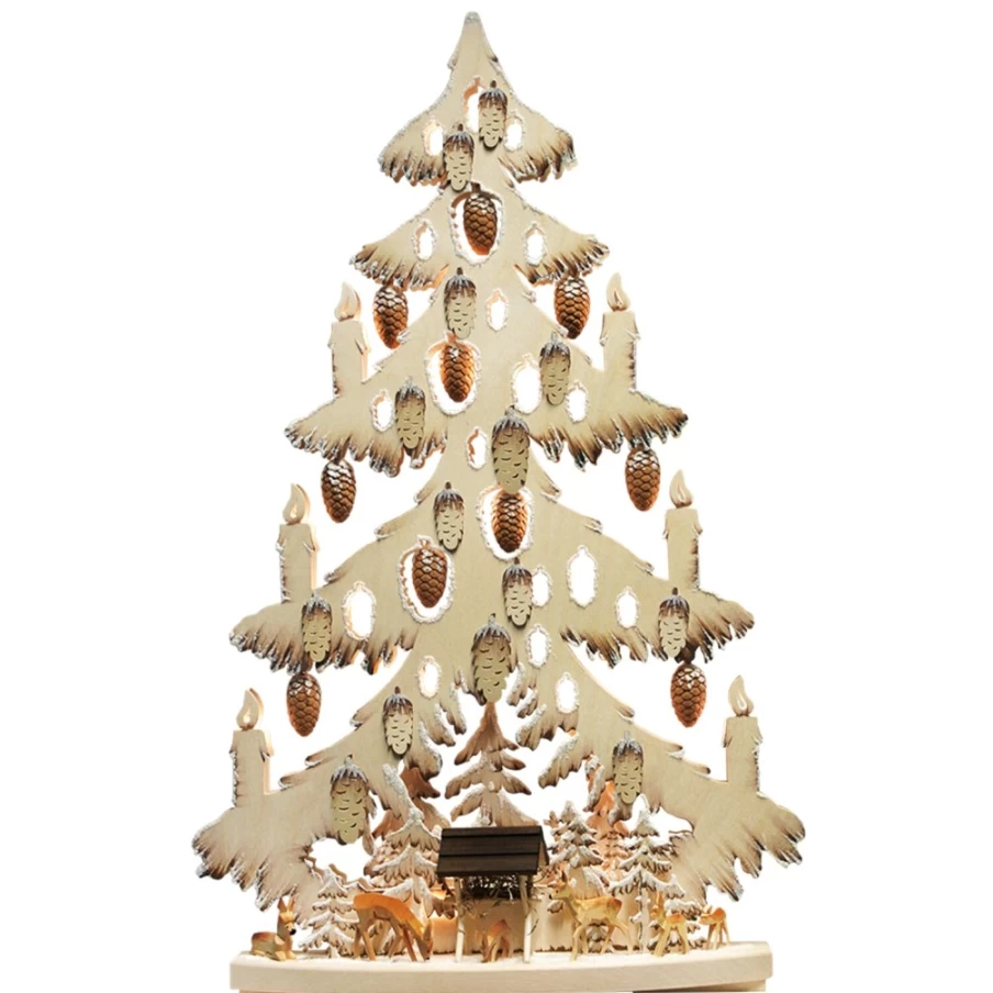 RATAGS Holzdesign Schwibbogen "Tree Deer On The Manger" Christmas Light Decoration, 230V with USB Port for Indoor Use
