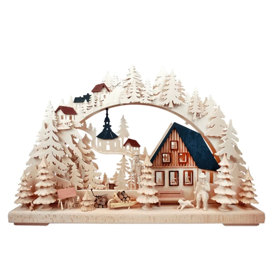 3-D Schwibbogen "Lumberjack House" by RATAGS Holzdesign – 115V LED Candle Arch with USB Port for Home Decor