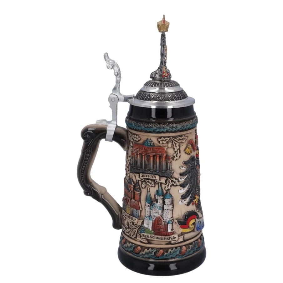 Käthe Wohlfahrt German Beer Stein 0.5L - Handcrafted Brown Ceramic Mug with Tin Eagle Decoration, Traditional Oktoberfest Collectible