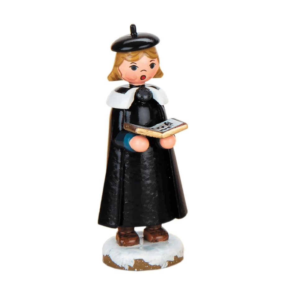 "Hubrig Volkskunst Winter Carol Singer Child Figurine with Book – Christmas Decoration Collectible"