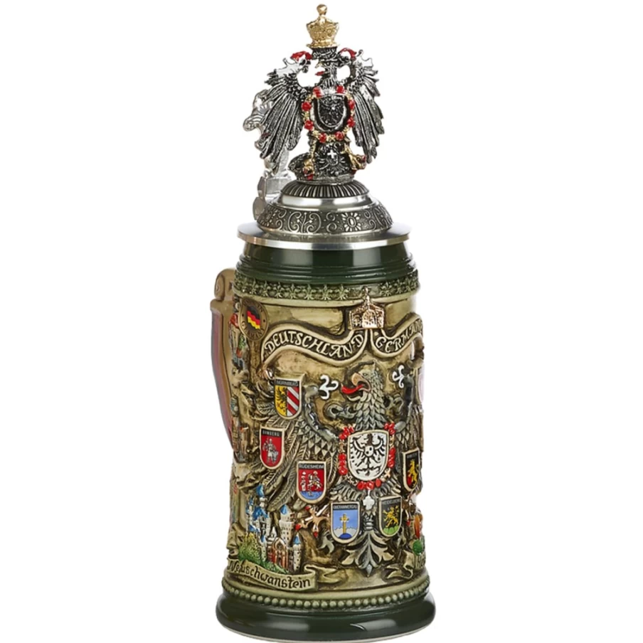 Käthe Wohlfahrt German Beer Stein 0.4L Brown Ceramic Mug with Tin Eagle Lid and City Arms Design